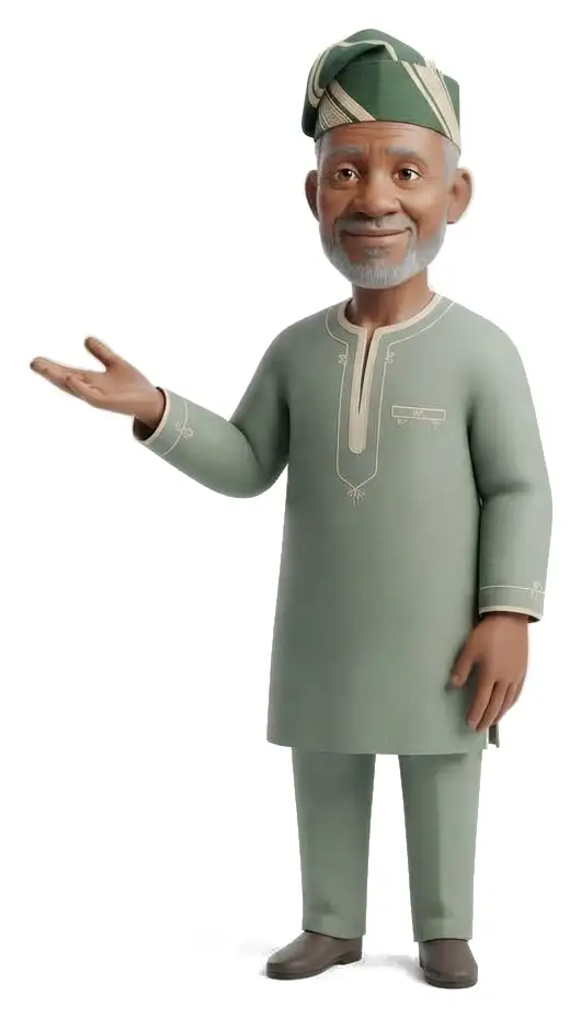 An older Nigerian man in a green kaftan and fila, explaining with an open hand